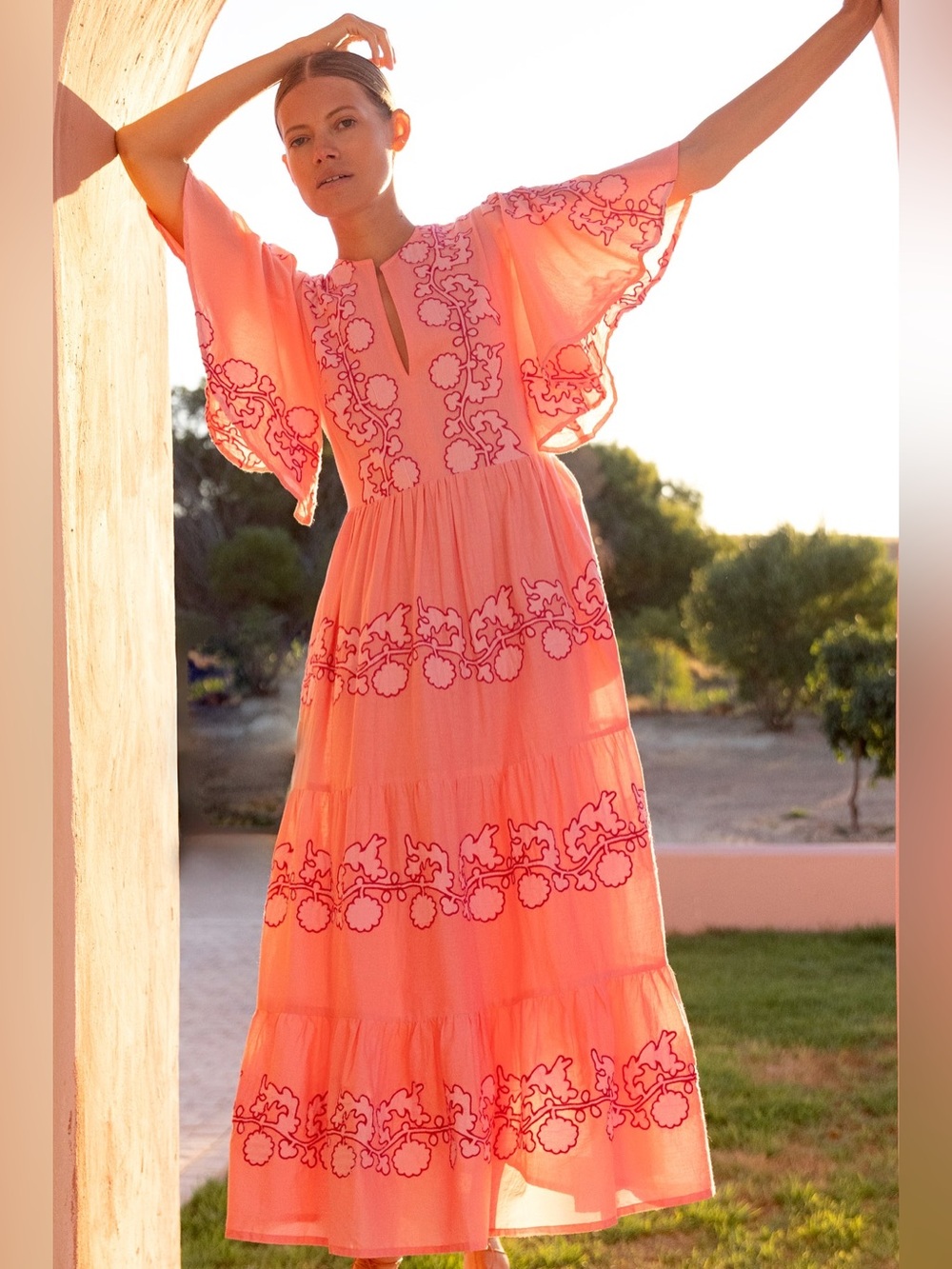 Oliphant Flirty V Neck Maxi Dress in Tangier Pink medium New Womens Long Gown